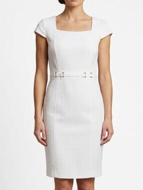White Textured Sheath Dress Square Neck Cap Sleeve Belted